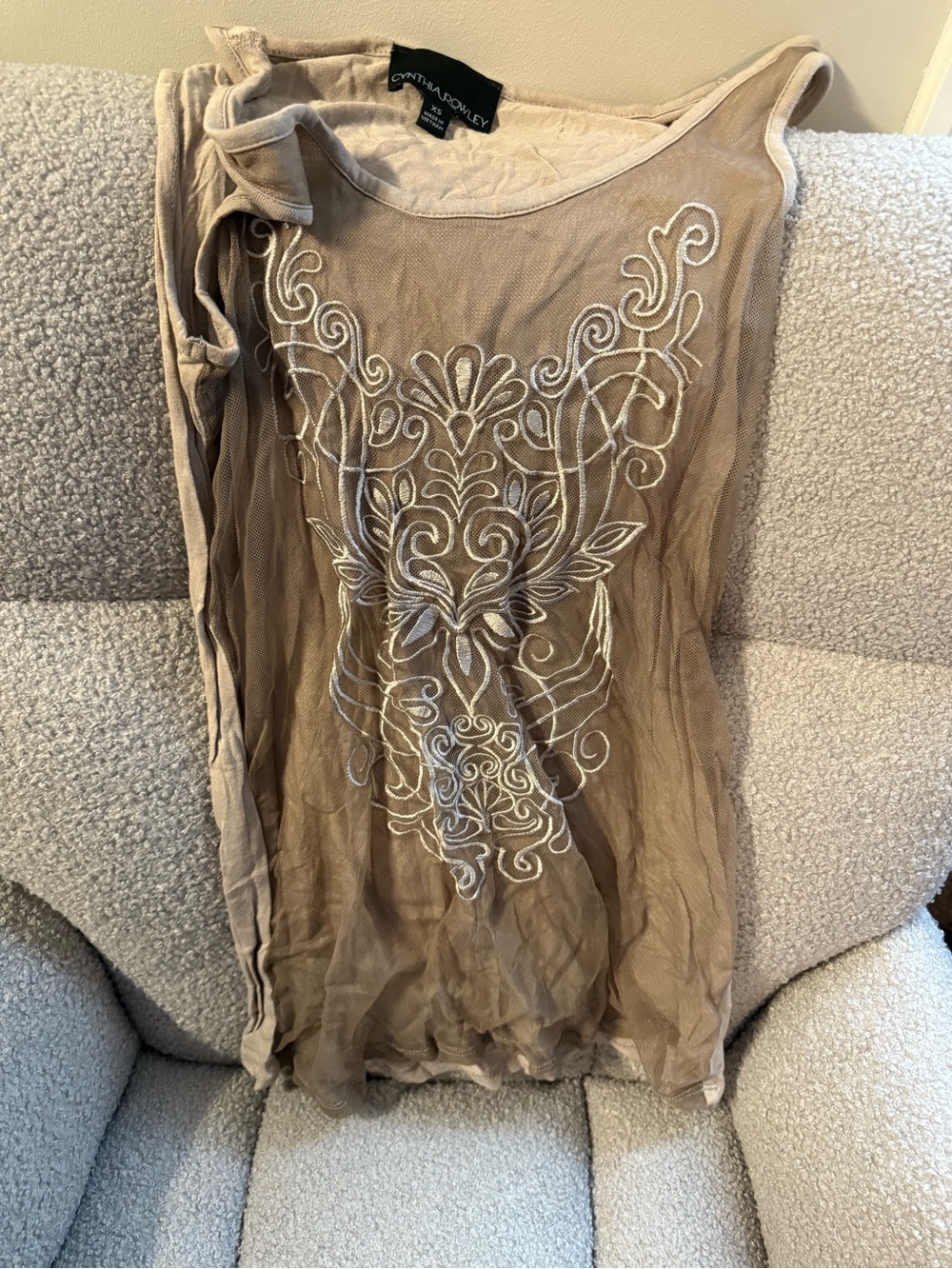 Cynthia Rowley Beige-Taupe Embroidered Mesh Camisole